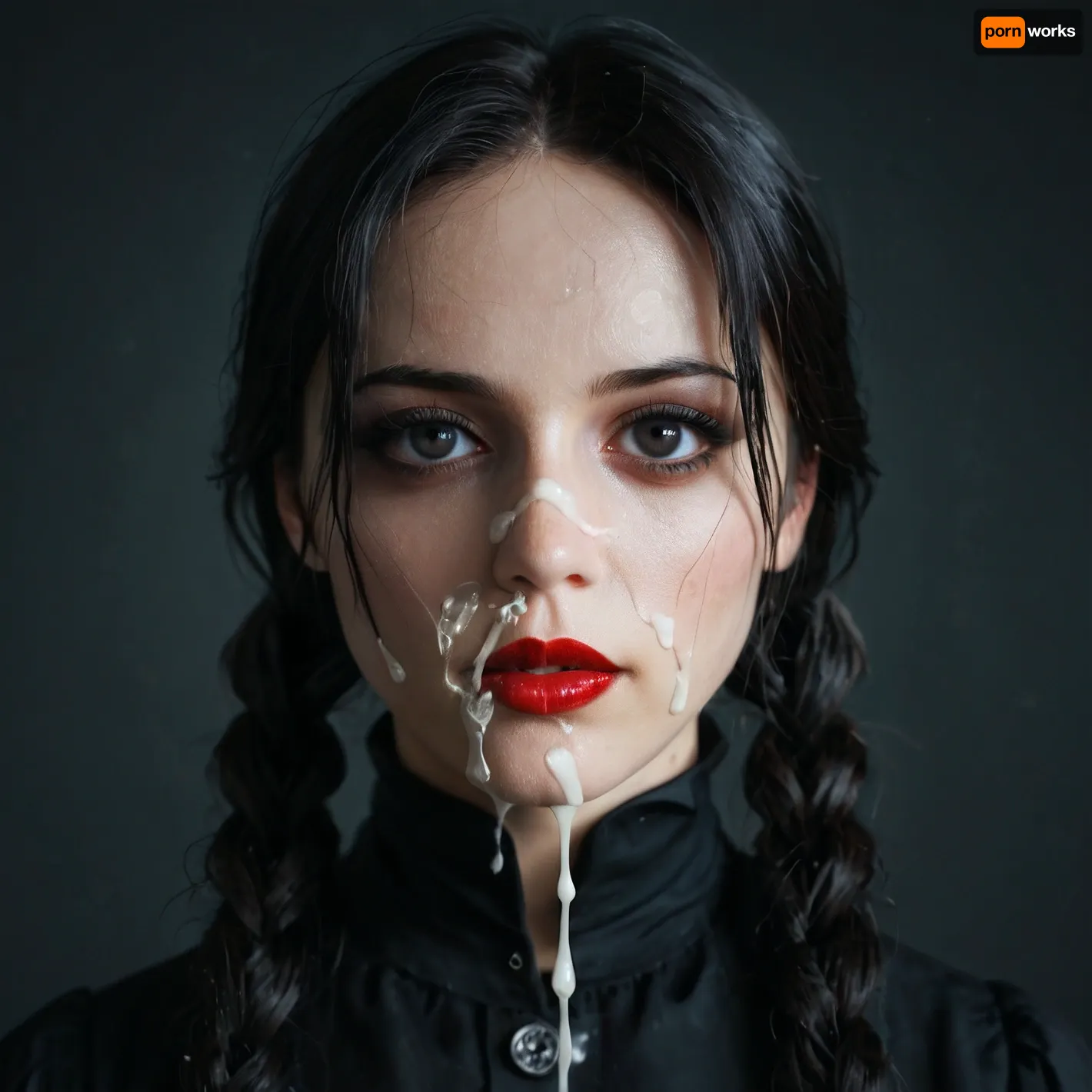 facing camara, 1 girl solo, sppoky moonlight mansion in distance, (intricate detailed Wednesday Addams face), intensely proud expression, (huge dark eyes with detailed black iris:1.2), dark bllod red lipstick detailed high collar buttoned black gothic top, very long very thick black briaded pigtails hair, several strings of thick lumpy white cum splashed across her face, after messy bukkake, several strings of thick lumpy white cum splashed over her hair, cum dripping, high detail, sharp focus, perfect lighting, awesome, dslr, 4k high quality. extra detail, extra sharp, magical, perfect moment, natural skin, pores, w3dn3sd4y, <lora:Wednesday-Jenna SDXL1.0:.8>
