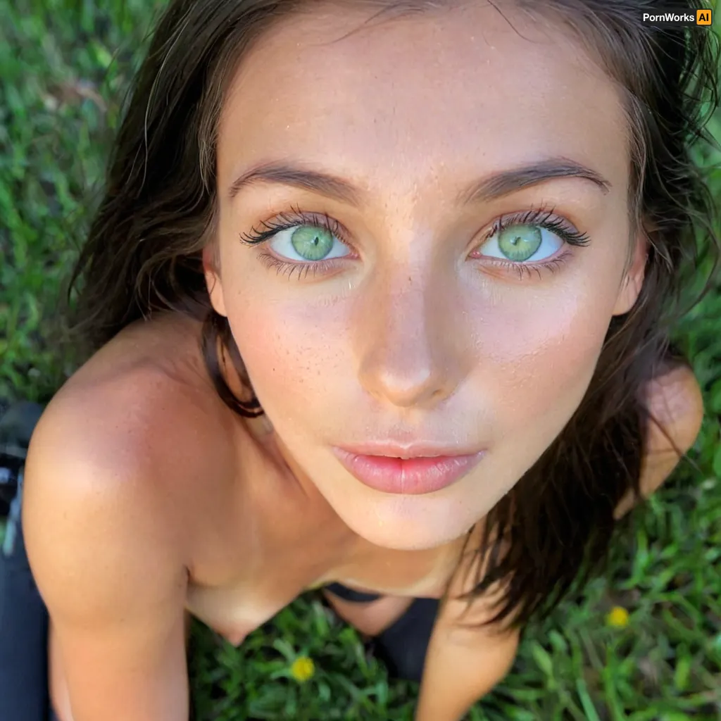 macro shot, Breathtaking 18 year old American brunette student beauty, super model, beautiful face, young face, green eyes, dark hair, grassy area, head-to-toe view, body sheen, glistening skin, perfect skinny body, smooth silky long hair, perfect face, blue and grey colored mesmerizing eyes, tanned skin, small perky breasts, depth of field, soft front light, HDR, (muted colors:1.2), Canon RF 100mm F2.8L Macro IS USM, <lora:SDXL_BetterFaces-LoRA_v1:.5>