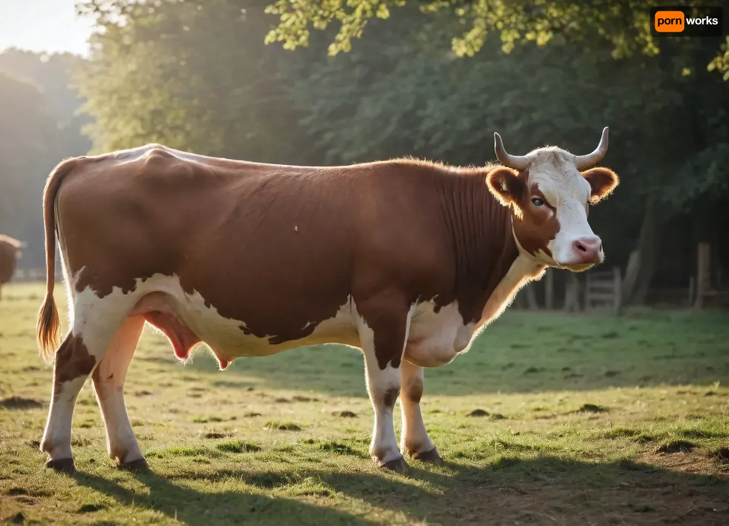 The photo shows a pregnant female vache normande with a huge breast, (((side view))), (((pregnant:1.5)))