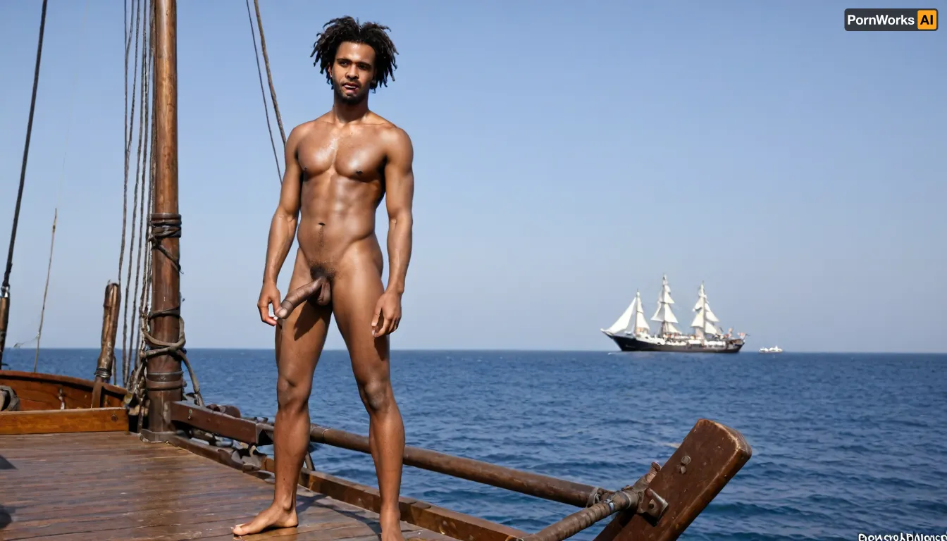 the upper deck of a sailing pirate ship, old guns, mainmast, Lots of naked black african pirates, Full body on display