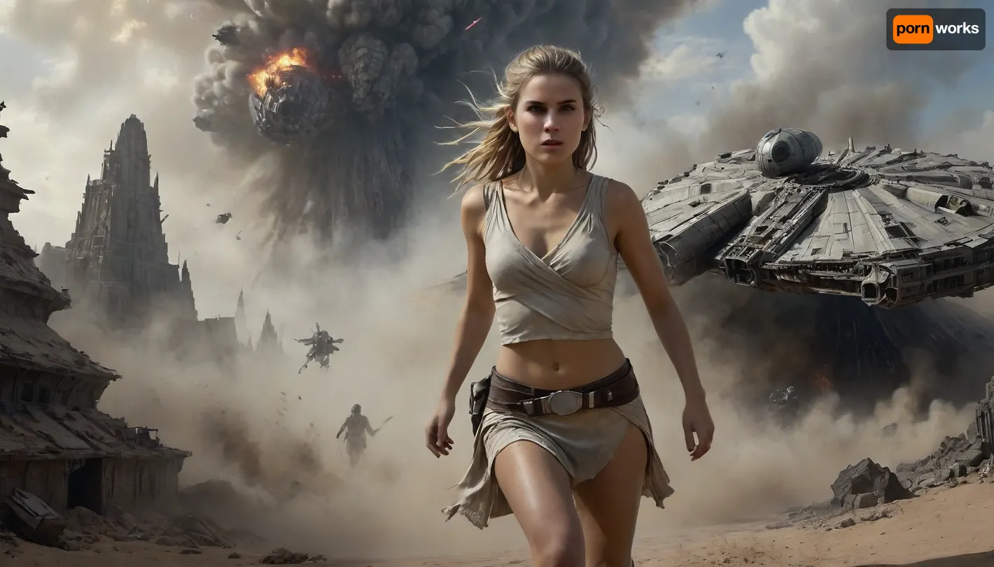 Star Wars Style, heroic full body view of a female Jedi Warrior running dynamically in front of crashing Millennium Falcon to find cover, slender, blonde matted dreadlocks, flat-chested, sweating, dirt, perfect tanned skin, lucky charm necklace, highly detailed used dirty torn Jedi costume, perfect pussy, perfect face, desert, bright sunshine on sweaty skin, deep blue sky, spaceport, exploding and crashing millennium falcon in background, 8k, high resolution, cinematic, mfalcon, Millennium, Falcon, Black, and, white, art, black, shading, charcoal, drawing, toned, brutal, dark, b/w, color, scheme, cloudy, smoke, atmospheric, clouds, fog, <lora:Millennium_Falcon_SDXL_v1_mfalcon_e10:1.3>, <lora:Hell_Constantine_2005_-_Anime:.8>, <lora:Black and white art.V1:.8>, <lora:Cloudy_Style:1>, <lora:ahxl_v1:1.2>
