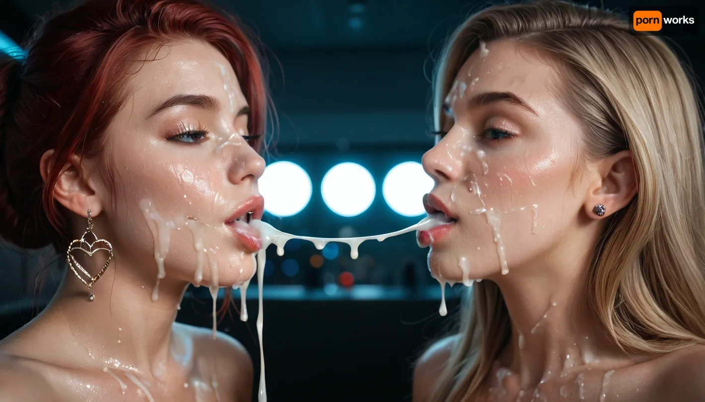 2girls, German, ultra-detailed, highres, 8k, realistic style, naked, massively covered in cum, heavy cum on faces, full body covered in cum after bukkake with 50 men, in a sleazy techno club, neon lights, grimy club atmosphere, first girl, 27-year-old, blonde hair, ultra-realistic blonde hair, perfect silicone breasts, mouth full of cum, second girl, 25-year-old, red hair, ultra-realistic red hair, pretty natural breasts, both passionately kissing, sharing cum during kiss, pulling sticky cum strings, dripping cum, cinematic lighting, wet and glossy skin