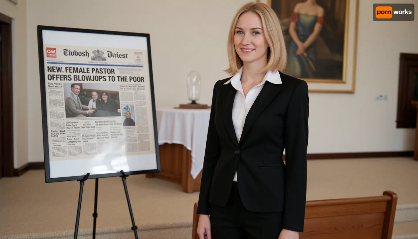 A petite woman is wearing a black pantsuit with white blouse, she has shoulder-length blonde hair, in a modern church. Next to her stands a poster stand. On the poster in the stand is text printed in large letters in style of a enlarged newspaper headline "NEW FEMALE PASTOR OFFERS BLOWJOBS TO THE POOR".
