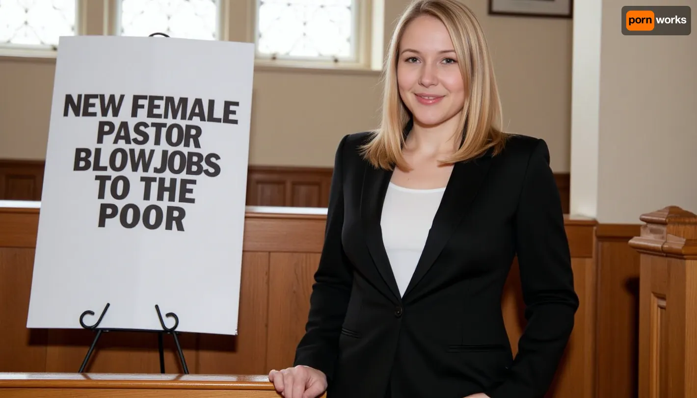 A petite woman is wearing a black pantsuit with white blouse, she has shoulder-length blonde hair, in a modern church. Next to her stands a poster stand. On the poster in the stand is text printed in large letters in style of a enlarged newspaper headline "NEW FEMALE PASTOR OFFERS BLOWJOBS TO THE POOR".