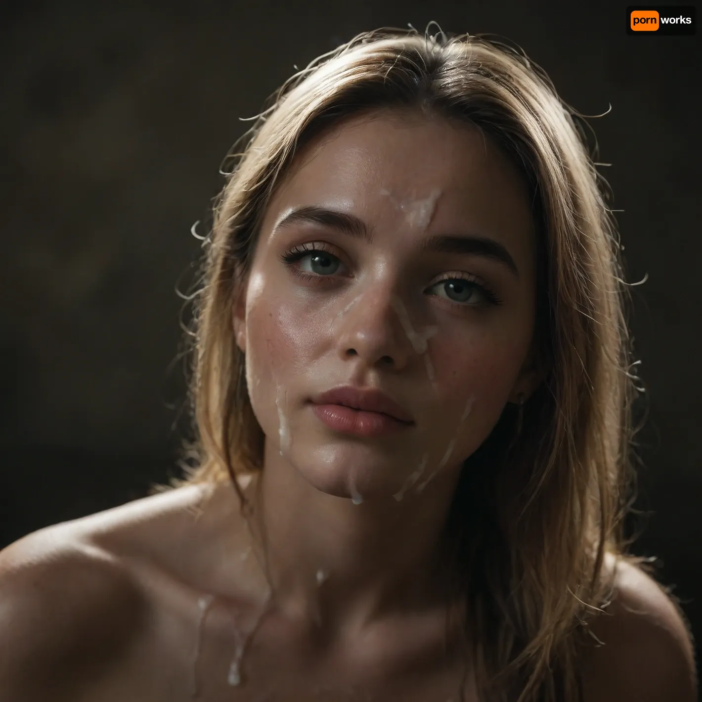 (((18 year old))), ((skinny)), blonde hair, very high ponytail, bangs, perfect skin, incredibly beautiful face, blush, freckles, plump lips, thick lips, super high detail, looking at viewer, award-winning photo, hips, super waist, perfect anatomy, looking up at viewer, perfect body, perfect feet, cute face, big green eyes, long hair, cute petite ass, naked, cute petite, sexy, (((cum covered face:1.5))), natural lighting, cinematic, realism, <lora:dark:.8>