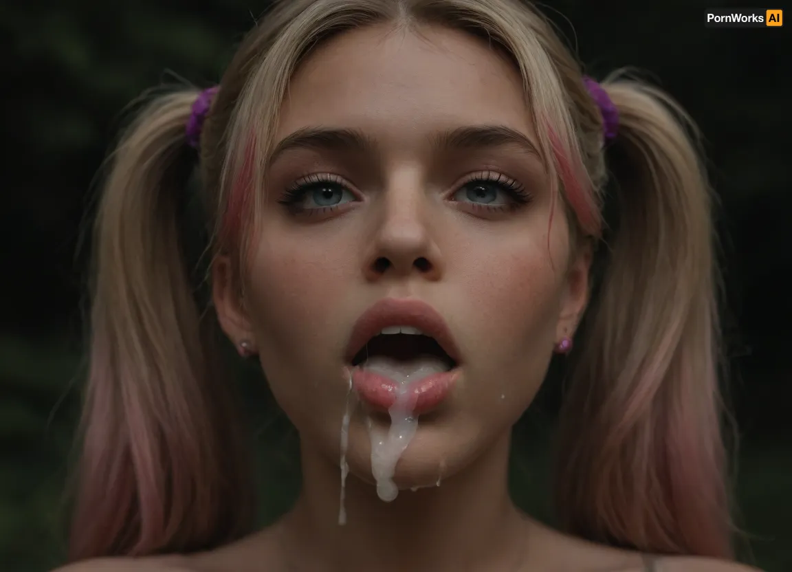 Close up of tits, huge round tits, huge perky tits, huge firm tits, tits are covered in excessive cum, Juliet Starling, blonde pigtails with pink highlights at the ends, mouth open, oral creampie, outdoors at night, <lora:dark:.8>, <lora:SDXLHighDetail_v6-000005:.8>