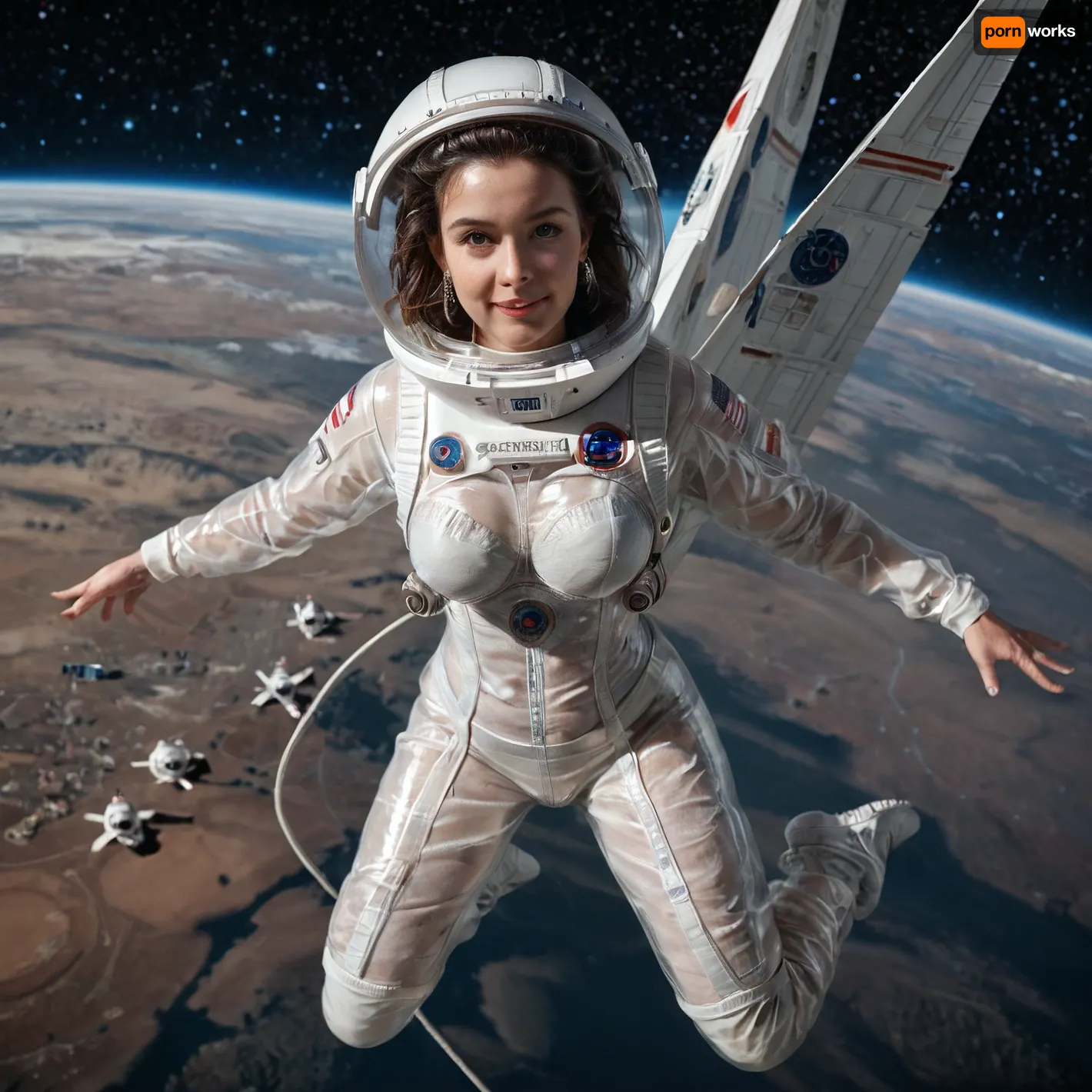 Super realistic, super detailed, super beautiful, perfect anatomy, 25yo brunette, ((looking at viewer)), (silicone boobs), detailed background, (wearing transparent plastic space suit with spherical space helmet), (girl flying with jetpack in space), (in the background a giant alien spaceship powered by solar sails), full body, tits visible, pussy visible, (transparent plastic spacesuit:.8)