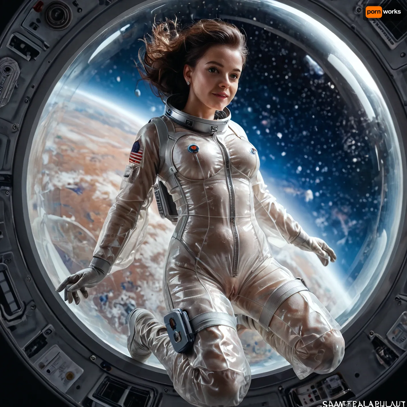 Super realistic, super detailed, super beautiful, perfect anatomy, 25yo brunette, ((looking at viewer)), (silicone boobs), detailed background, (wearing transparent plastic space suit with space helmet), (girl flying with jetpack in space), (in the background a giant alien spaceship powered by solar sails), full body, tits visible, pussy visible, (transparent plastic spacesuit:1.4)