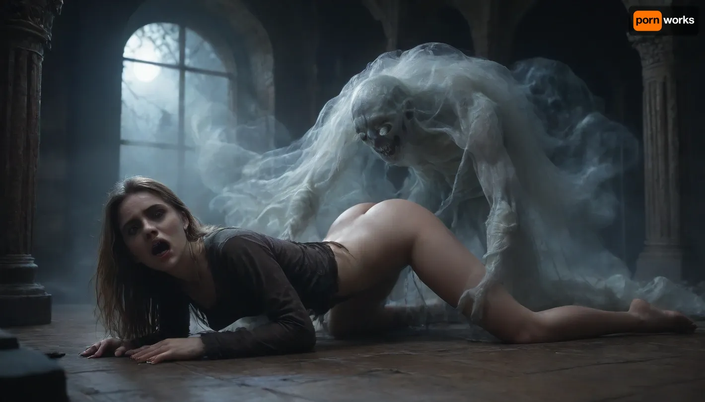 massive werewolf standing, werewolf having sex with human female, flat-chested, on all fours with legs slightly spread, hands on the floor, massive veining, ribbed cock penetrating pussy, vaginal sex, passionate sex, all the way, moaning, big pussy juices, long sleeve tight bodystocking, athletic body, high definition, blue eyes, blond hair, long hair, extremely beautiful face, very detailed, werewolf opens its mouth and shows its sharp teeth. The scene is in the surroundings of an ancient castle, (terrifying ghosts and other creatures of the night:1.7), are hiding in all possible corners of the great hall, watching the unlikely couple having sex. The atmosphere is frightening and arousing at the same time. high detailed, modern-werewolf, 1girl, 1boy, prone, bone, sex, from, behind, lora, (ProneBone-000010:.5), Black, and, white, art, black, pencil, shading, charcoal, drawing, toned, brutal, dark, b/w, color, scheme, <lora:Modern_Werewolf:.8>, <lora:Black and white art.V1:1.2>, <lora:ahxl_v1:.9>