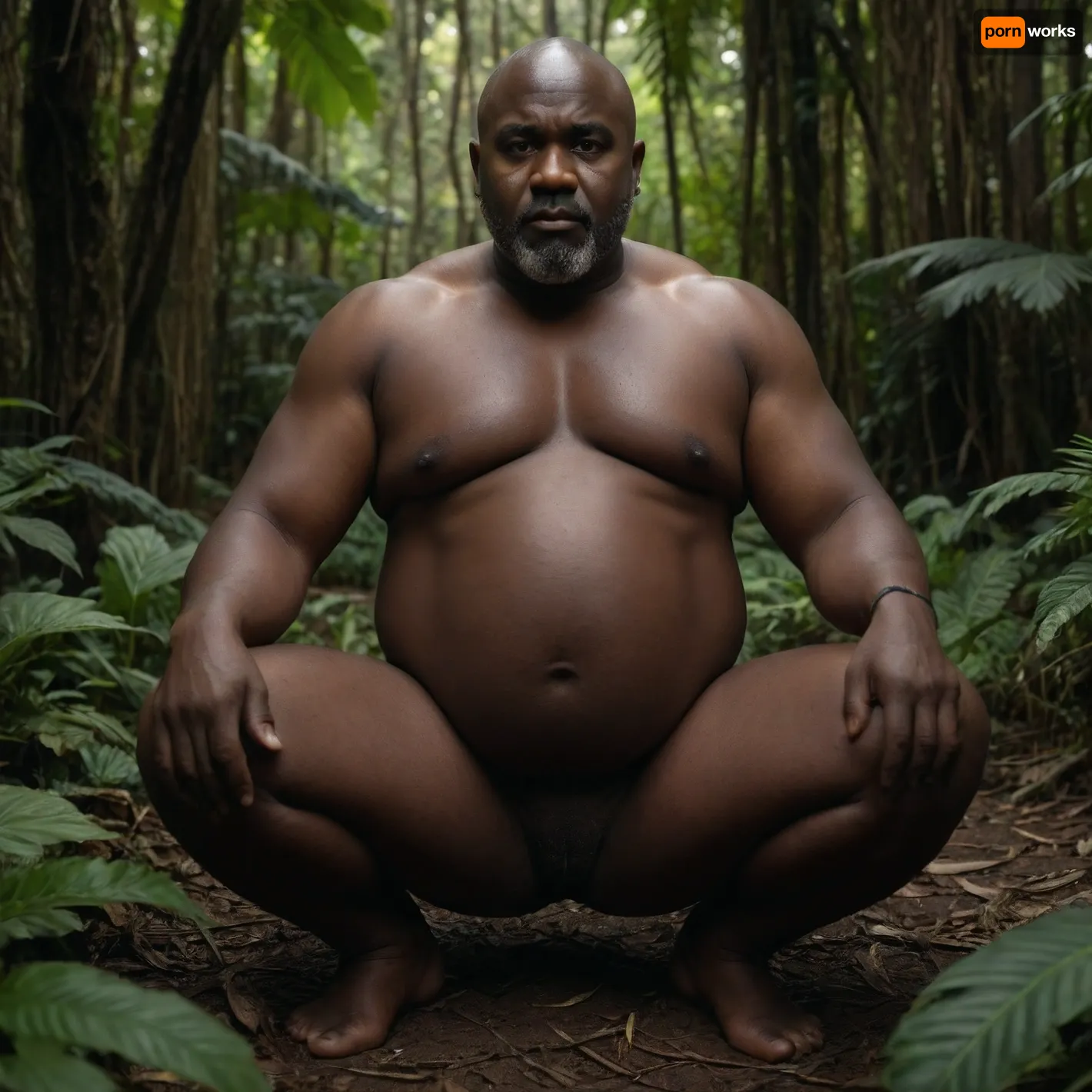A dad bod bald grey bearded African black man with a huge belly and really black skin squatting in a jungle, placing hands on the thighs, naked and sexy