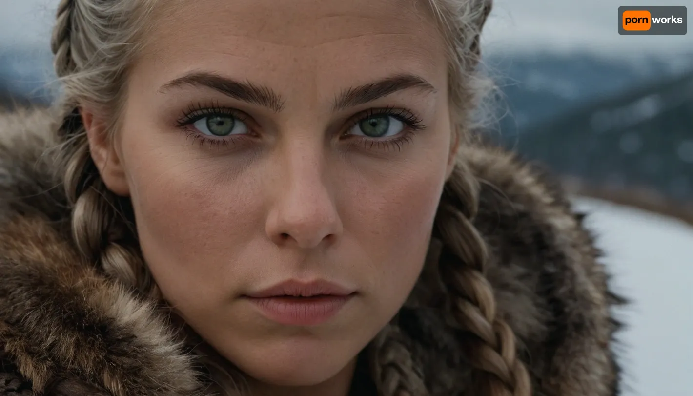 Masterpiece, realistic photography, ultra-realistic, detailed body, detailed face, realistic body, realistic face, green eyes, detailed eyes, realistic eyes, angelic face, viking warrior, viking woman hairstyle, 30 years old, viking braid, silver hair, serious look, distant look, 3/4 view, snowy landscape, background, peaceful face, fur hood, hood put on, woman, viking, viking outfit, realistic outfit, war painting, close-up face, cinematic blur, background blur, large format