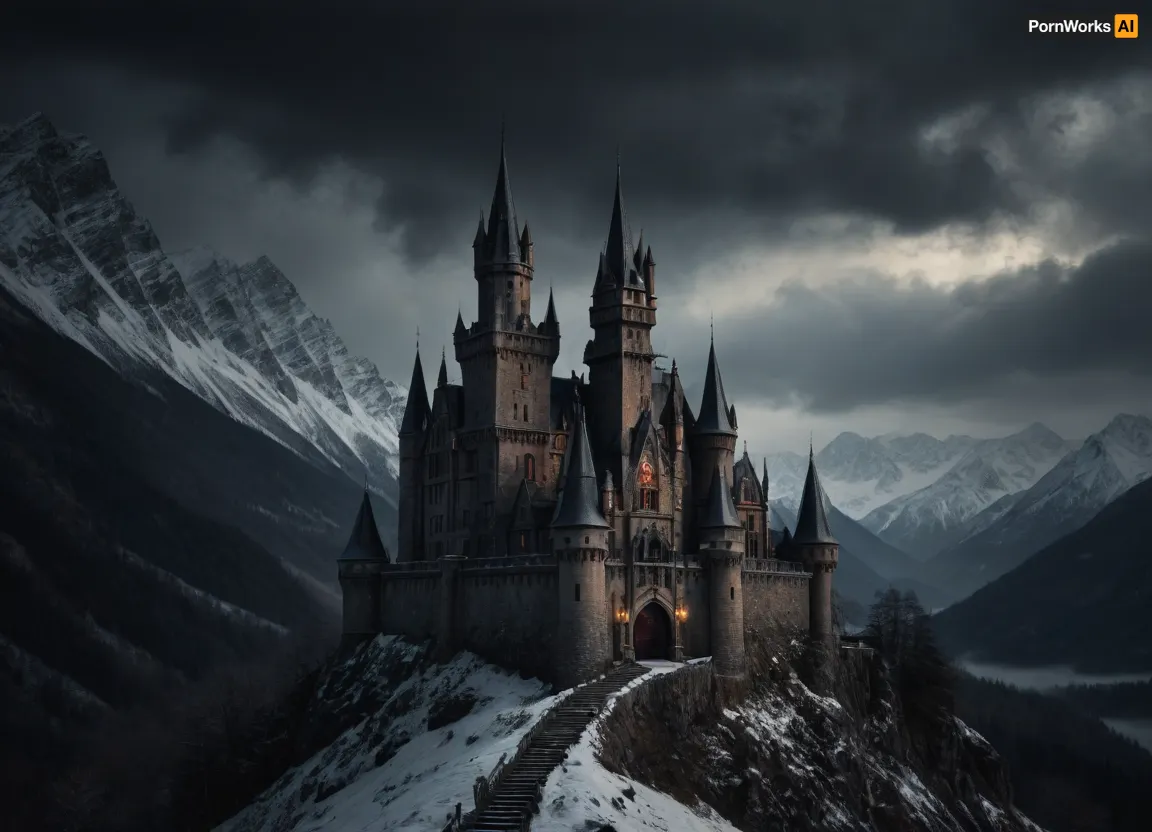 mountains, fantasy, gothic vampires castle, winter, storm, outdoors, photography
