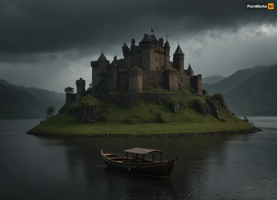 fantasy, A Wasterland fort on the lake, ((rain)), boat, outdoors, photography
