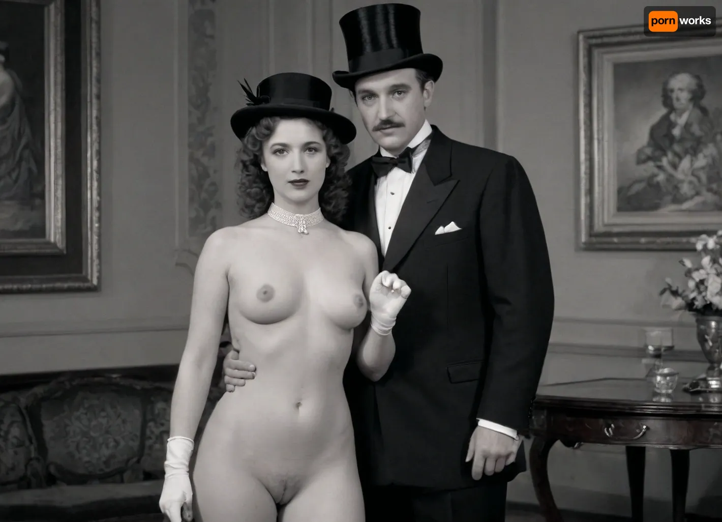 A vintage black and white portrait featuring, (a man in a formal suit and top hat:1.5), (standing with a cane:1.3), . A beautiful curvy woman is sitting on a chair next to him, (a woman full nude:1.5), shaved pussy, plump slightly saggy breasts, adorned with floral accessories in her hair, leans against the table. The table holds a few flowers, and the overall atmosphere is one of elegance and nostalgia, resembling a scene from the early 20th century. The background is softly blurred, enhancing the focus on the couple's poses and attire.