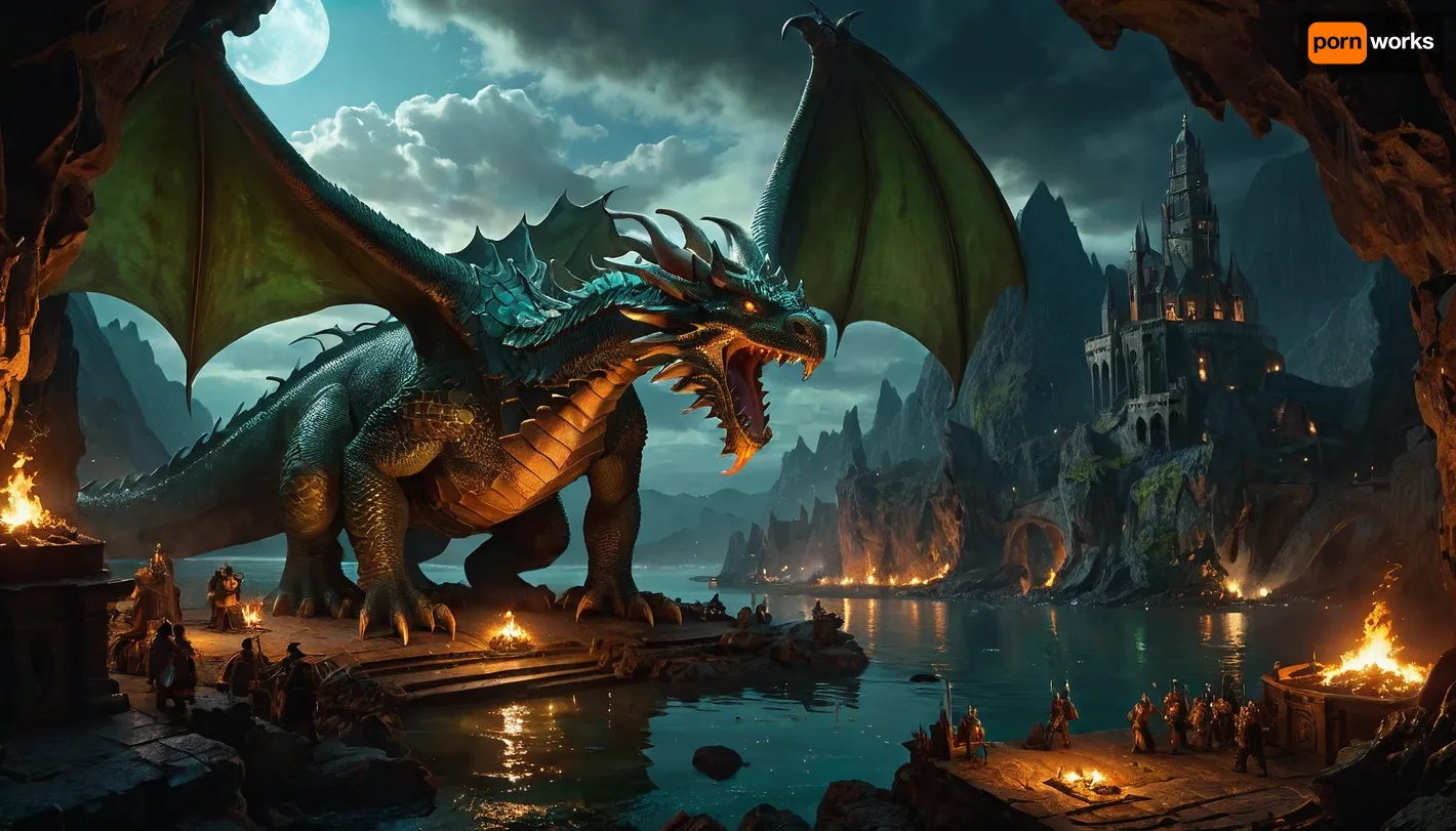 Steampunk illustration, detailed bird's-eye view of a grand battle between kuotoas and a dracolich of huge green gragon on the lake shore of Sloobludop city, Sloobludop stretched along the rocky shore of the Darklake, in a immense cavern dimly lit by phosphorescent fungus, corals, and bioluminescent fish glands. The roof of the cavern is dark gray, with clouds of smoke from the dragon below, illuminated by the bright, cold light electric lightening of the dracolich. In the far, Orcus is looking at the battle scene laughing out loud. The atmosphere is intense, dramatic, epic. The style is detailed realism, steampunk, in the spirit of classic fantasy illustrations. The texture of metal, wood, and fabric of the city is visible. The depth of field is high, and the focus is on the Kuotoas and dracolich. The color palette is dark tones with bright flashes of fire and a glint of metal. The composition is dynamic and diagonal.