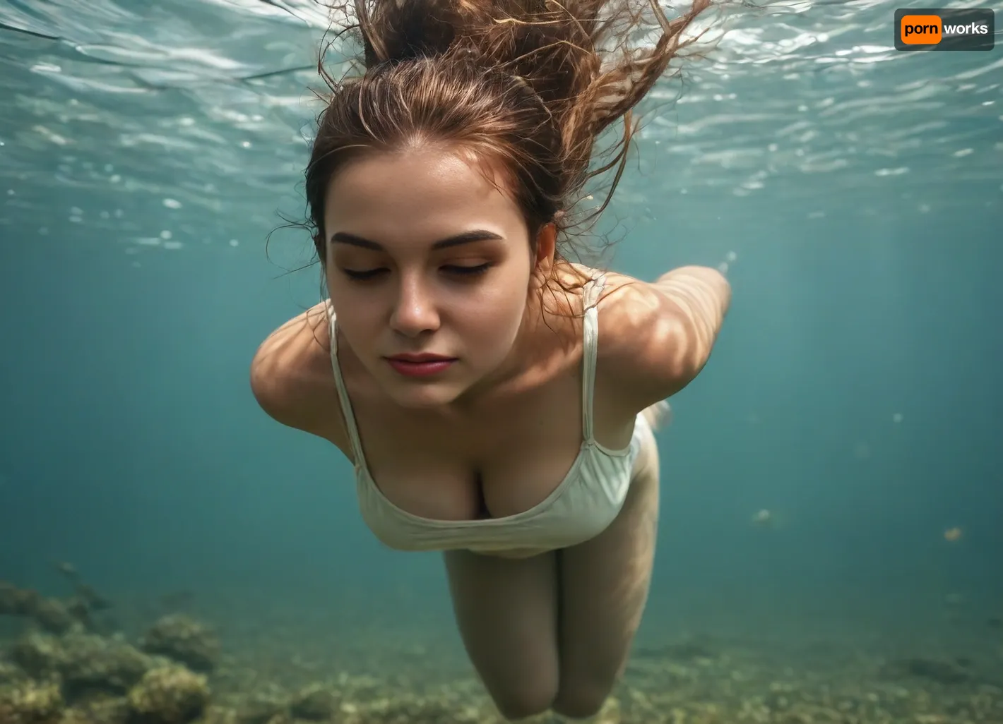 Beautiful 30 year old Indonesian woman. Well-built body, round and slightly plump face. Black fine hair with pink eyeshadow. Pink glossy lip tint. lies dead on the bottom, eyes closed, thin lips closed, Realistic style, even lighting Diving, showing cleavage from above, Underwater, Ocean, <lora:drkmdatmsfXL:1.2>, Diving underwater. Diving underwater, full body view, in a sexy white tank top with a deep neckline

Body tangled and tied up, light BDSM vibrations, <lora:MIAOKA_shutengyi_xl_v1.0:.4>, grabbing my tits, grabbing tits

Hands tied up, <lora:Leafy_World:.8>