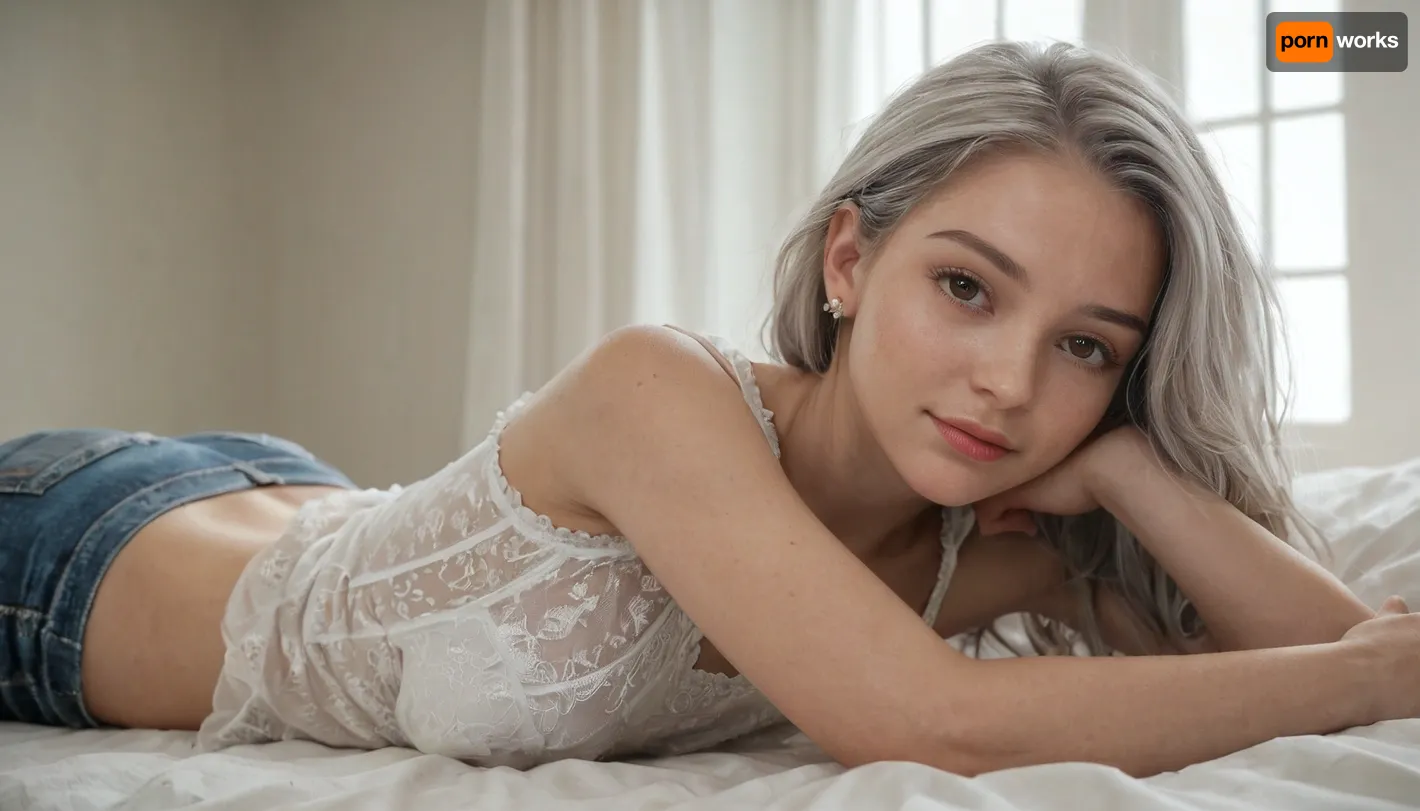 A beautiful, slim 34-year-old woman, 160cm tall, 50kg, silver hair, brown eyes, peaceful face, wearing a white blouse and jeans, lying on her stomach. Her face is in the foreground, head slightly turned to the camera, body extending into the background. A man behind her gently giving her a back massage. Ultra-realistic lighting, cinematic detail, 8K masterpiece, soft natural shadows, serene atmosphere