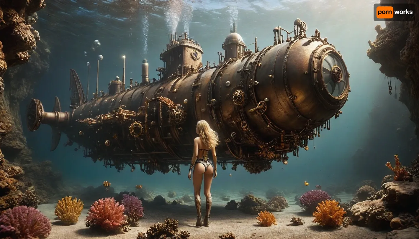 a slim, flat-chested blonde pearl diver dives over colorful corals against the backdrop of a long shot of her huge steampunk submarine in fare distance, wearing steampunk diving gear, floating blonde hair, bubbles, fishes, corals, background, xs-4d-space, ocean, giant squids, fantasy, steampunk pirates submarine, under the sea, outdoors, photography, steampunknoireai, mad-mecharm, underwater, grotto, cave, sandy, sea, floor, reef, <lora:xs_4d:.6>, <lora:SteamPunkNoireAIp:.4>, <lora:Gearbound_Mechanical_Arm_SDXL:.3>, <lora:MJ52:.8>, <lora:Underwater_Environment_v01-000002:1.3>