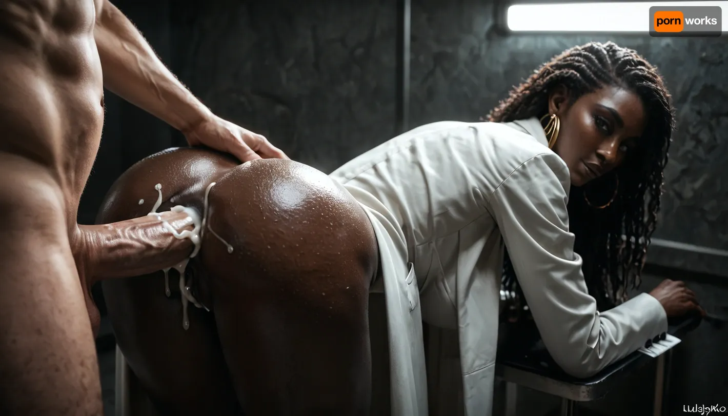 Rating_explicit, ethereal fantasy photography, (score_9, score_8_up, sharp focus, masterpiece, perfect eyes), high resolution, perfect limbs, anatomically accurate, Super realistic, perfect lighting, (best shadow), 8K, UHD, clear image, (best lighting), highest quality, ultra-detailed images, African, Incredibly beautiful girl naked, Black hair, long hair, realistic African face, (African girl Naked), cute face, grey eyes, skinny, ((dark skin)), ((glossy skin)), (huge natural breasts), big waist, (Shapely body), wide hips, perfect skin, perfect face, seductive pose, (her face and expression showing a mix of submission and ecstasy and exhaustion), slight eye roll, big round athletic ass, half open eyes, luscious sensual lips, natural beauty, eternal beauty, (old male dentist dressed in labcoat), (massive cock), (old male dentist anal fucks young woman), (man hands grabbing anus, spreading anus), (creampie), (anal sex), (anal penetration), spreading legs from side, from above, wide-shot, ​ Moody, mysterious, magical, shallow depth of field, Shot from Stanley Kubrick movie, shot on Kodak film, <lora:reallora1:.5>, <lora:Oxygen girl_SDXL1.0:.5>, <lora:dark:.5>