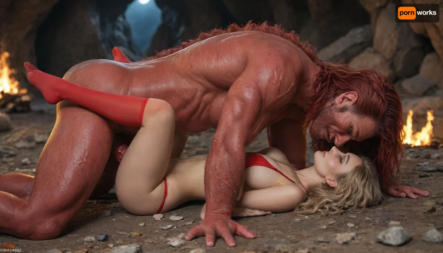 masterpiece, 8K quality, Dark Cave, Night, Fire, Stones, beauty 18 years old Russia girl, Satisfying smile, blond long Hair, hourglass figure, Natural swagging breasts, rounded ass, perfect eyes, Red Sexy Dessou Bikini, Red Stockings, (Sex by Red Monster:1.1), (RED knotted veins dick), (sex by Red Monster:1.1), Side View, Missionary, on the back, monster over the girl