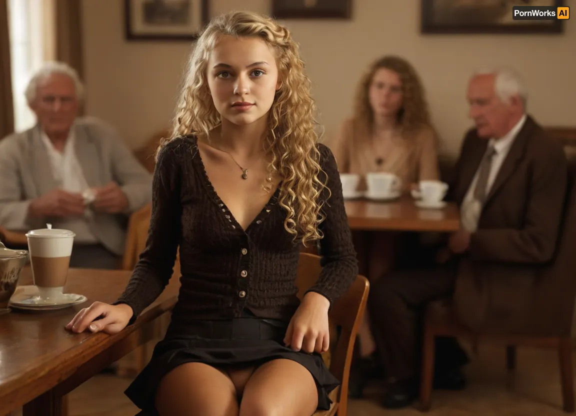 (front view of deeply tanned 18 years old girl with very long curly blonde hair wearing tight unbottoned laced black cardigan and extremely short laced mini skirt sitting on an armchair in a living room, exposing naked shaved pussy beneath her mini skirt), necklace, braless, pantieless, naked shaved pussy, clitoris, firm medium breasts, slim body, very deep suntan, modest smile, view from opposite, (((group of clothed elderly people in formal clothes drinking coffee at table behind girl in blurred background:1.5))), upskirt, vagina, out, shot, front, clothes, <lora:MJ52:.6>, <lora:DetailedEyes_V3:.6>, <lora:upskirt:.4>
