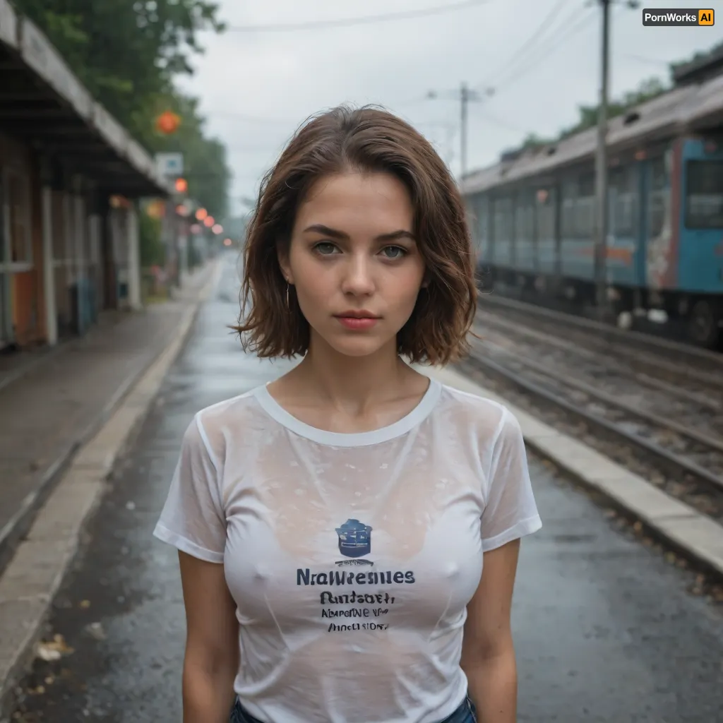 woman, railroad crossing, best quality, masterpiece, illustration, (realistic, photo-realistic:1.37), amazing, finely detail, incredibly absurdres, huge filesize, ultra-detailed, highres, extremely detailed CG unity 8k wallpaper, ray tracing, A close up, realistic picture of a busty english 25yo with light makeup standing in the middle of a wet road after the rain. She is wearing a drenched white school shirt that is clinging to her body, showing the outline of her large breasts. The train crossing barriers are down behind her. The traffic light at the crossing is red. The ground is reflective from the rain, but the sun has just emerged from behind the clouds. The image is highly detailed digital art.