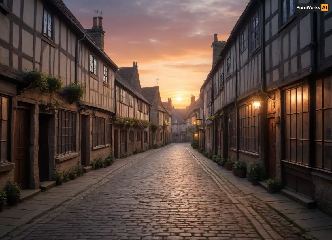 sunrise in medieval english town street