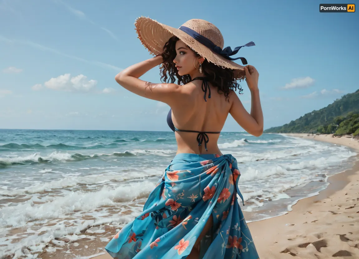 secluded beach woman wearing sarong and over sized summer hat, ((back to viewer)), windy day, holding hat on to head