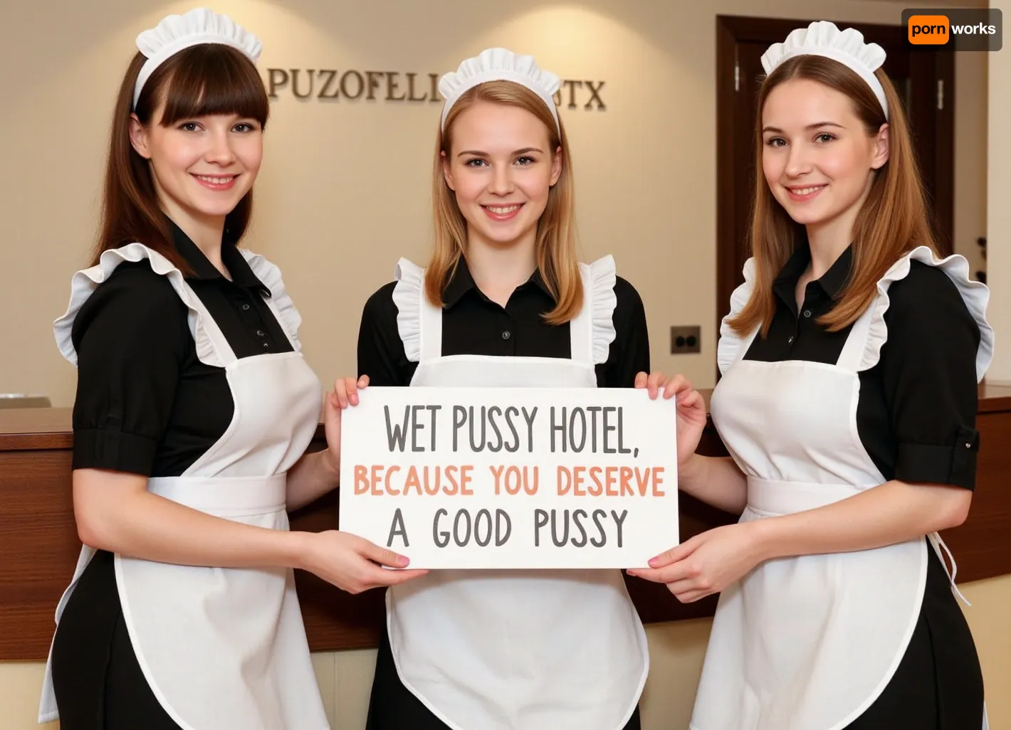 Three petite young women, wearing maid uniforms, different haircolors, standing at a hotel reception.
They hold a sign with text "WET PUSSY HOTEL, BECAUSE YOU DESERVE A GOOD PUSSY".