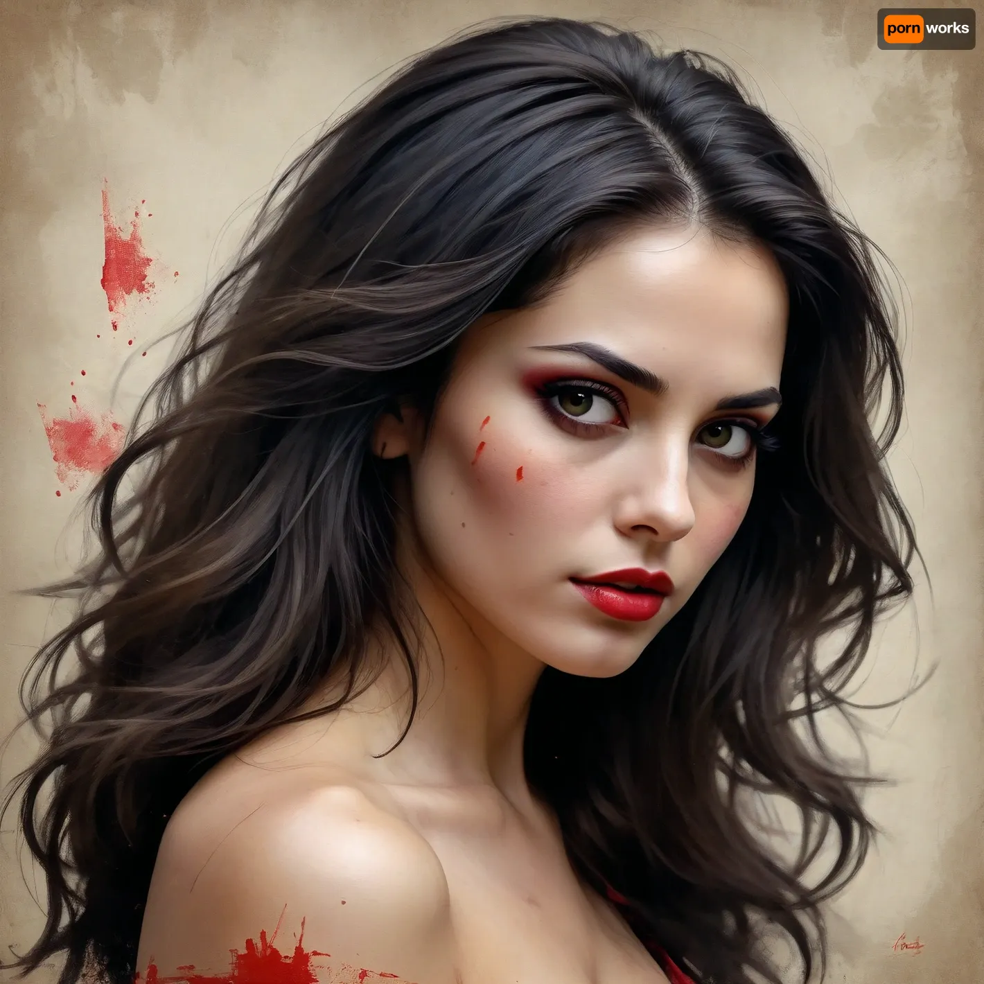 woman 35 yers old, Sketch painting. Old yellowed parchment, ink blots, bold black strokes, female, simple composition, striking usage of minimal red strokes. touching. kind eyes. elaborate hair. dark makeup. very long black curvy hair