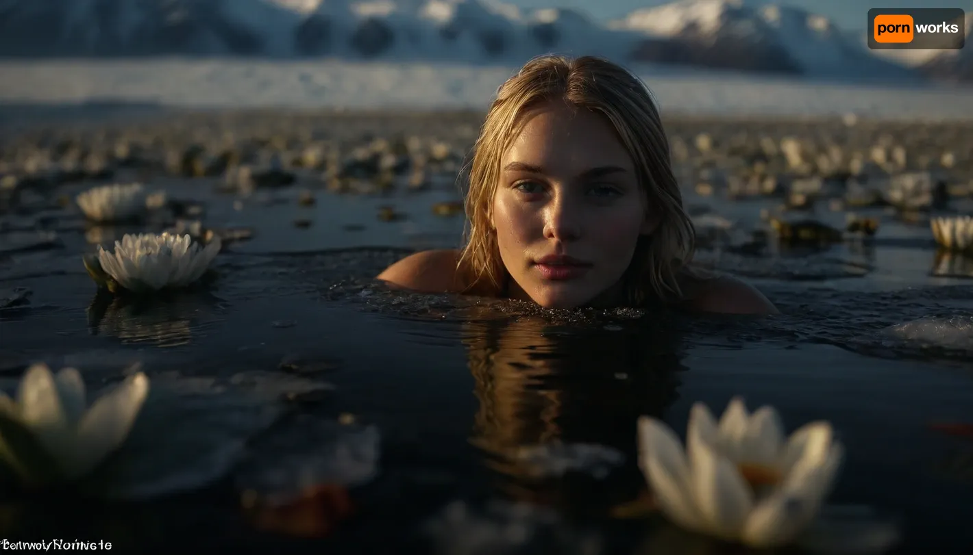 a beautiful, slender blonde woman swimming in the cold Arctic Ocean, perfect face, swimming through a sea of ​​water lilies covered in crystal-clear ice., (​​highly detailed water lilies covered in ice:1.5), The icy surroundings are full of polar colors. Icebergs and ice floes give the image a breathtaking natural setting, afternoon, backlight, Warm sunbeams mix with the cold blue and Turkish of the Arctic Ocean, ais-icebaby, made, of, Ice, Lagoon, sunlight_str1, vibrant, dream, pale, reality, <lora:302089_training_data:1.2>, <lora:Ice Lagoon:1.3>, <lora:sunlight_str1-SDXL_v1-dim64-steps1691:1>, <lora:vibrant_dream:.5>, <lora:MJ52:.3>