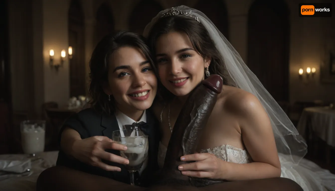 interracial, pov of black penis ., (((1white cuckold husband in suit is behind the bride hugging the bride he is happy and look at the camera))), very large black penis, The happy chubby Persian bride in sexy wedding dress, cum driping bride's chain' cum driping from black penis, drinking sperm from transparent glass cup, there is glossy and sticky sperm in cup, cup full of sperm, cum swallowing, ((gokkun)), cum dripping from the corners of her lips, The woman holds the cup under the black cock., happy, <lora:dark:1.2>