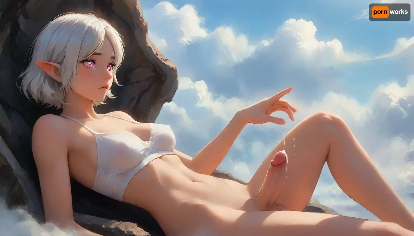 (Dark elf sorceress), glowing pink eyes, (detailed eyes), (perfect eyes), white hair, deep cleavage, seductive gaze, She's sitting back in a cloud chair, the chair is made of clouds, Clouds in the background, surrounded by clouds and sky, her legs are raised and spread apart, her arms are raised, she has short curly white hair, a white transparent blouse, no panties, no stockings, big round boobs, erect nipples, shiny body, toned abs, narrow waist, curvy hips, Profile view, looking from the side, sticking his ass up, testicles hanging down, relaxing pose, soft fog, erotic fantasy lighting, NSFW, masterpiece, highly detailed, futanari, futanari short penis, testicles, erection, futa_overflow, cum in zero gravity, dripping cum at himself, solo, bangs, eye, focus, confused face, sparkle, looking, at, viewer, glowing, eyelashes, <lora:J_cartoon:.3>, <lora:Animated_Concept:.3>, <lora:samdoesarts1.1-000030:.3>, <lora:209970_training_data:.8>, <lora:Jeweled eyes-NAI:.8>