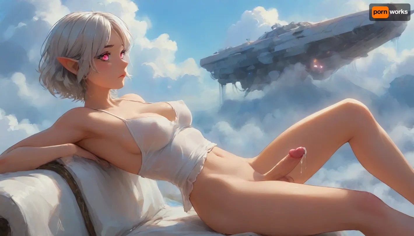 (Dark elf sorceress), glowing pink eyes, (detailed eyes), (perfect eyes), white hair, deep cleavage, seductive gaze, She's sitting back in a cloud chair, the chair is made of clouds, Clouds in the background, surrounded by clouds and sky, her legs are raised and spread apart, her arms are raised, she has short curly white hair, a white transparent blouse, no panties, no stockings, big round boobs, erect nipples, shiny body, toned abs, narrow waist, curvy hips, Profile view, looking from the side, sticking his ass up, testicles hanging down, relaxing pose, soft fog, erotic fantasy lighting, NSFW, masterpiece, highly detailed, futanari, futanari short penis, testicles, erection, futa_overflow, cum in zero gravity, dripping cum at himself, solo, bangs, eye, focus, confused face, sparkle, looking, at, viewer, glowing, eyelashes, <lora:J_cartoon:.3>, <lora:Animated_Concept:.3>, <lora:samdoesarts1.1-000030:.3>, <lora:209970_training_data:.8>, <lora:Jeweled eyes-NAI:.8>