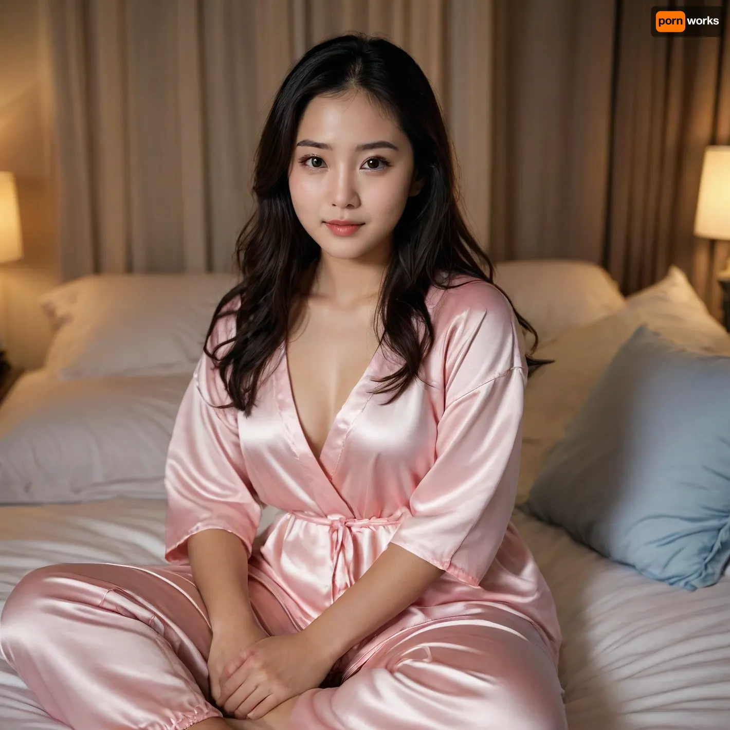 A beautiful japanes woman 20 years old sitting gently on a bed at night, wearing soft pastel satin sleepwear, hugging a body pillow, dim warm bedroom light, cinematic soft glow, slight smile, long wavy black hair, expressive brown eyes, peaceful atmosphere, cozy and romantic, photorealistic