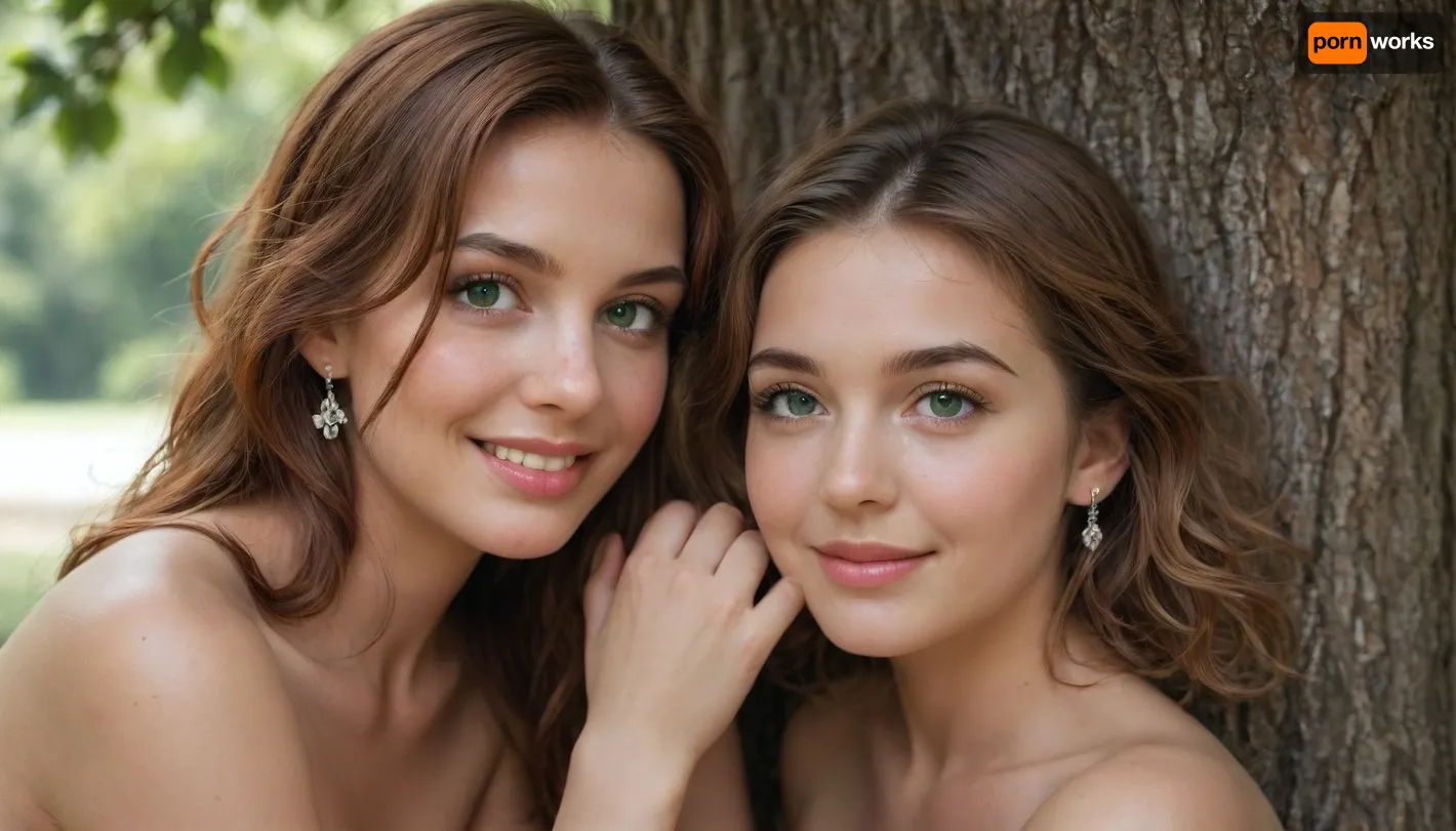 Cutest girl ever, 18 yo young actress from Friends tv show, summertime, amazing green eyes, smiling, straight long auburn hair, posing naked under a tree, (gorgeous, beautiful)
