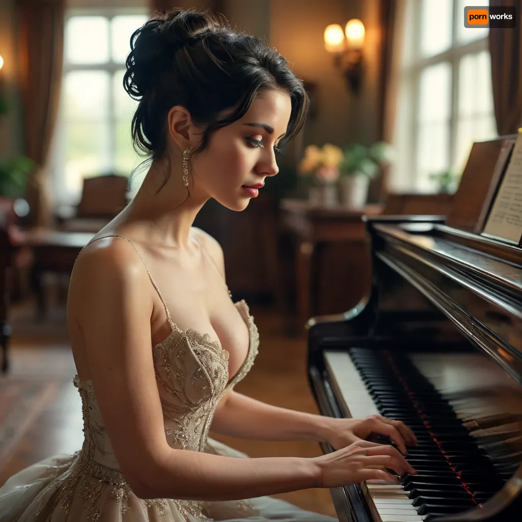 Busty woman, black hair, updo hairstyle, elegant dress, deep neckline, playing a piano, living room, (highly detailed, best quality, 4k), <lora:MJ52:.8>