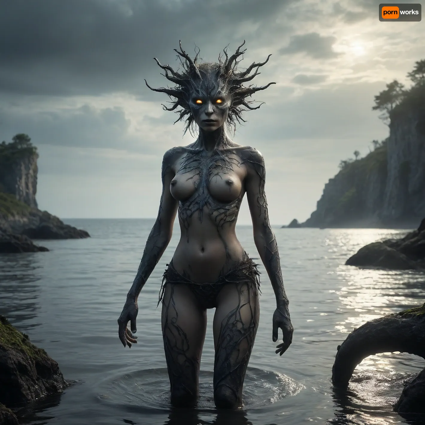 The scene is made on the ocean shore with vegetation in the style of dark fantasy-a dystopia with a very detailed and atmospheric environment. The world in the water is magically infected with glowing anomalies, perverted nature, and the remnants of vanished civilizations. The light is unnatural, casting eerie shadows . Creature sexy girl and characters \ \ mystical, hybrid, animal-like anthropomorphic creatures with dangerous or wild traits. The art style combines elements of medieval fantasy.