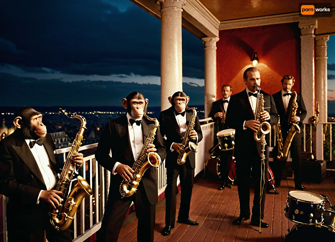 Super realistic image, full color image, 8K quality, super detail, masterpiece, “The Master and Margarita”, Satan's ball, A jazz band of monkeys of different breeds plays jazz on a large balcony