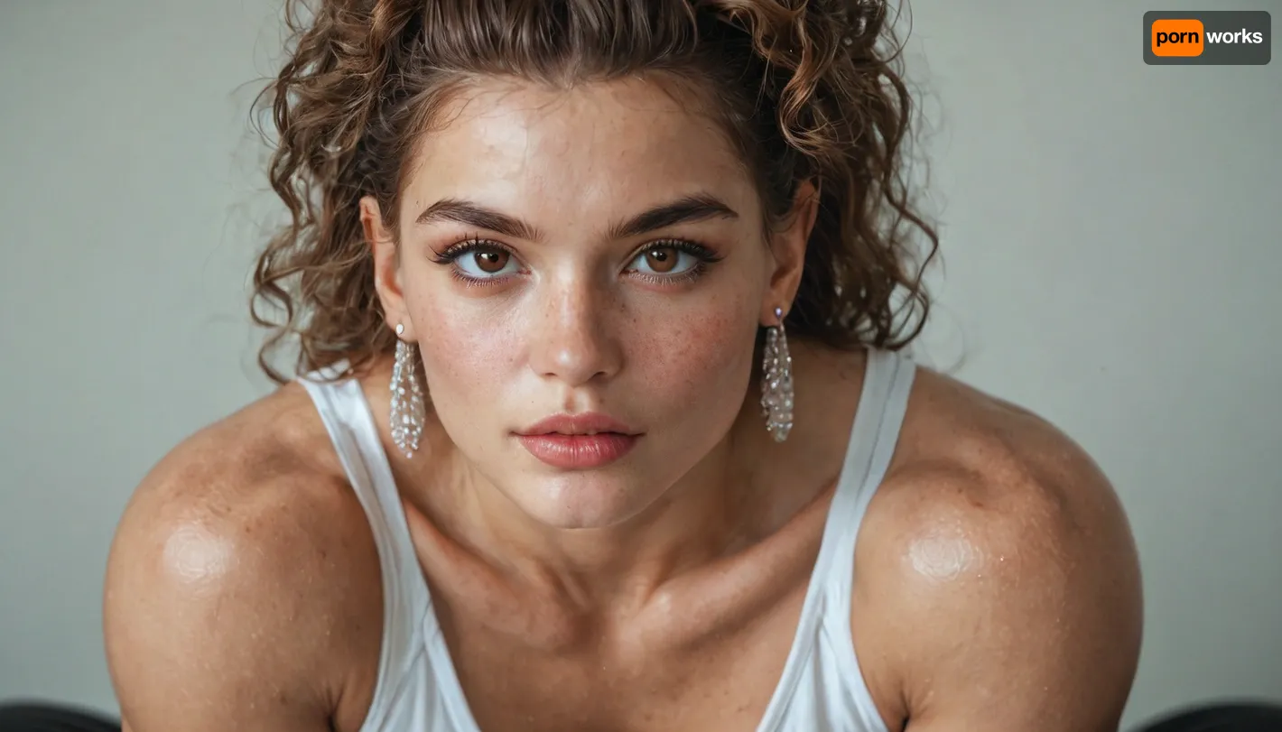 A young athletic woman in her mid to late 20s with a balanced hourglass body shape, muscular and well-defined especially in her legs and glutes, likely from consistent gym training. She has a strong, confident posture. Her waist is narrow and her hips are curvy, with a toned, flat abdomen. She has medium-to-light olive skin with a natural, smooth complexion, minimal makeup, and prominent facial symmetry.

Her facial features include almond-shaped brown eyes, a small, straight nose, and full lips. She has a defined jawline and high cheekbones. Her eyebrows are naturally shaped and well-kept. Her hair is long, straight or slightly wavy, and dark brown, sometimes worn loose, other times tied back or styled in a simple, elegant way. She’s sitting on her knees, knees out, looking at the camera