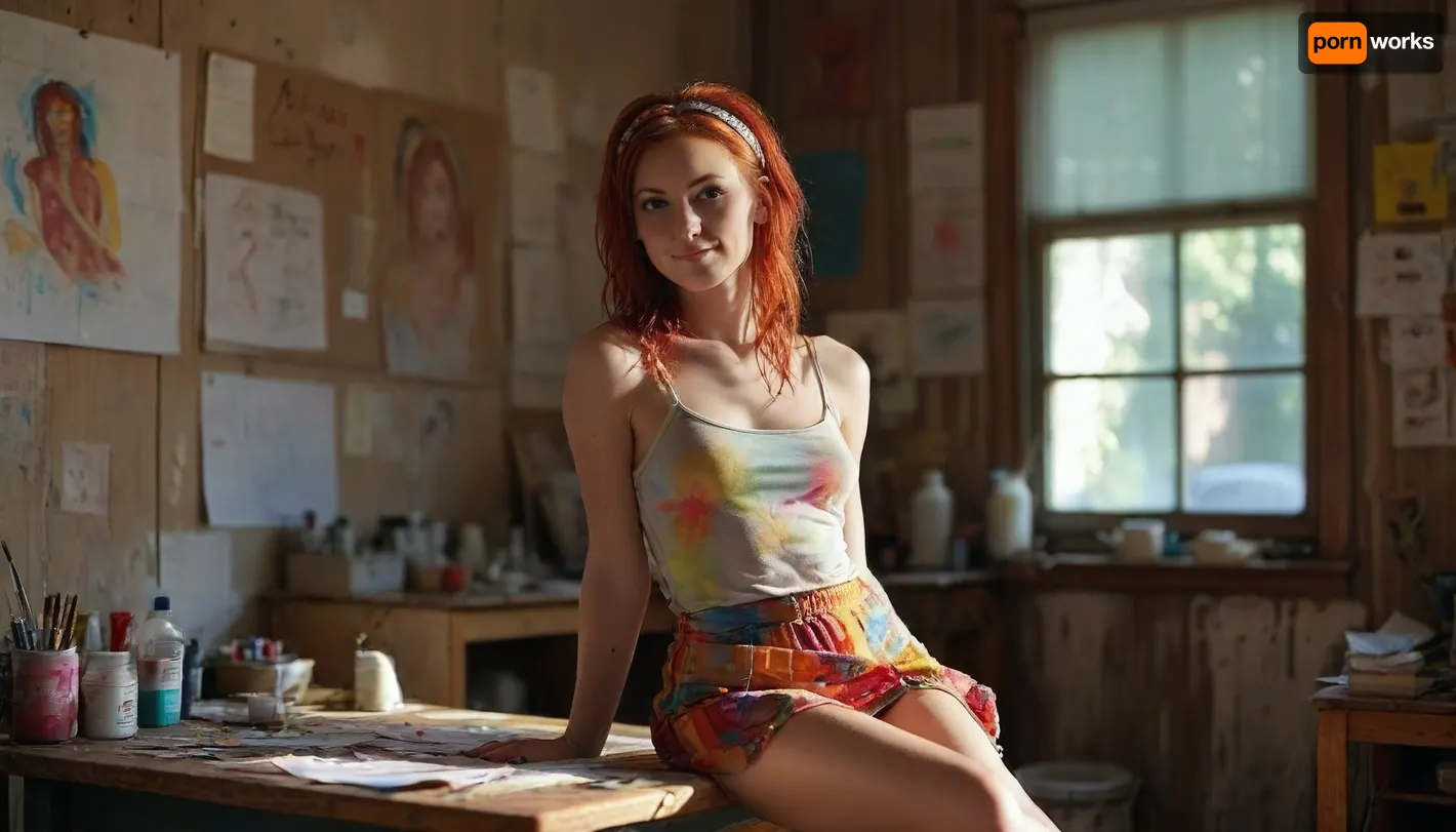 full body front view, strong light from the side, skinny confident hippy woman in sexy clothes, chucks, mini dress, colorful top, headband, red hair, silent smile, sits on table, opened thighs, (shaved highlighted pussy:1), She has a lot of desire for quick sex and looks at the viewer with a very longing look, her posture and every fiber of her body signals, "Fuck Me" she sits lazily without realizing it surrounded by a very messy semi-professional studio, painted self-portraits on the walls, paint tubes, brushes, on the wooden work table, all kinds of artist's supplies, posters on the walls, messy, Late summer afternoon, the warm light of the sun shines brightly through the window, bong on the dirty table, (her perfect pussy is visible), shaved, realistic skin, skirt, lift, <lora:MJ52:.4>, <lora:skirtLift:.8>