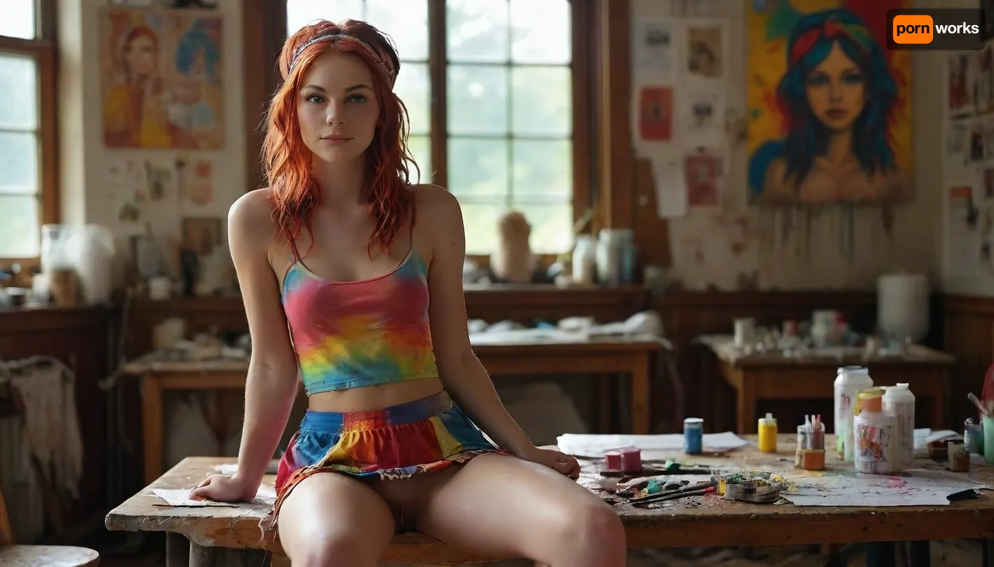 full body front view, strong light from the side, skinny confident hippy woman in sexy clothes, chucks, mini dress, colorful top, headband, red hair, silent smile, sits on table, opened thighs, (shaved highlighted pussy:1), She has a lot of desire for quick sex and looks at the viewer with a very longing look, her posture and every fiber of her body signals, "Fuck Me" she sits lazily without realizing it surrounded by a very messy semi-professional studio, painted self-portraits on the walls, paint tubes, brushes, on the wooden work table, all kinds of artist's supplies, posters on the walls, messy, Late summer afternoon, the warm light of the sun shines brightly through the window, bong on the dirty table, (her perfect pussy is visible), shaved, realistic skin, skirt, lift, <lora:MJ52:.4>, <lora:skirtLift:.8>