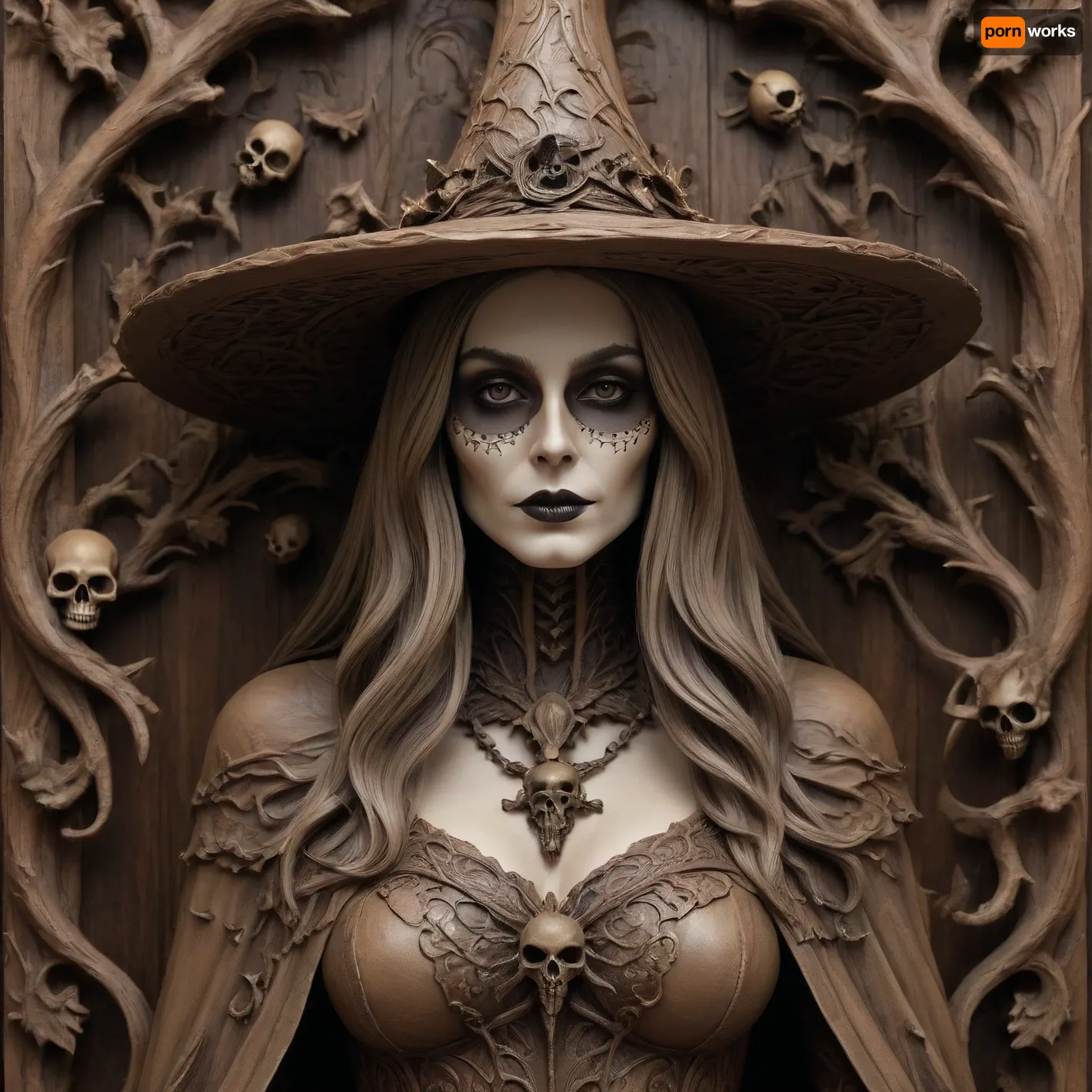 A detailed, sepia-toned wood carving in the Gothic style depicts a witch with long, wavy hair, a pointed, leaf-decorated hat, and a tattered cape. Her face is painted with a grotesque skeleton mask. Surrounding her are skulls, bats, and twisting, thorny vines, creating a macabre, eerie atmosphere. The background is densely filled with intricate, organic patterns, creating a dark, mystical atmosphere. #©KITTYART

























#©KITTYART
