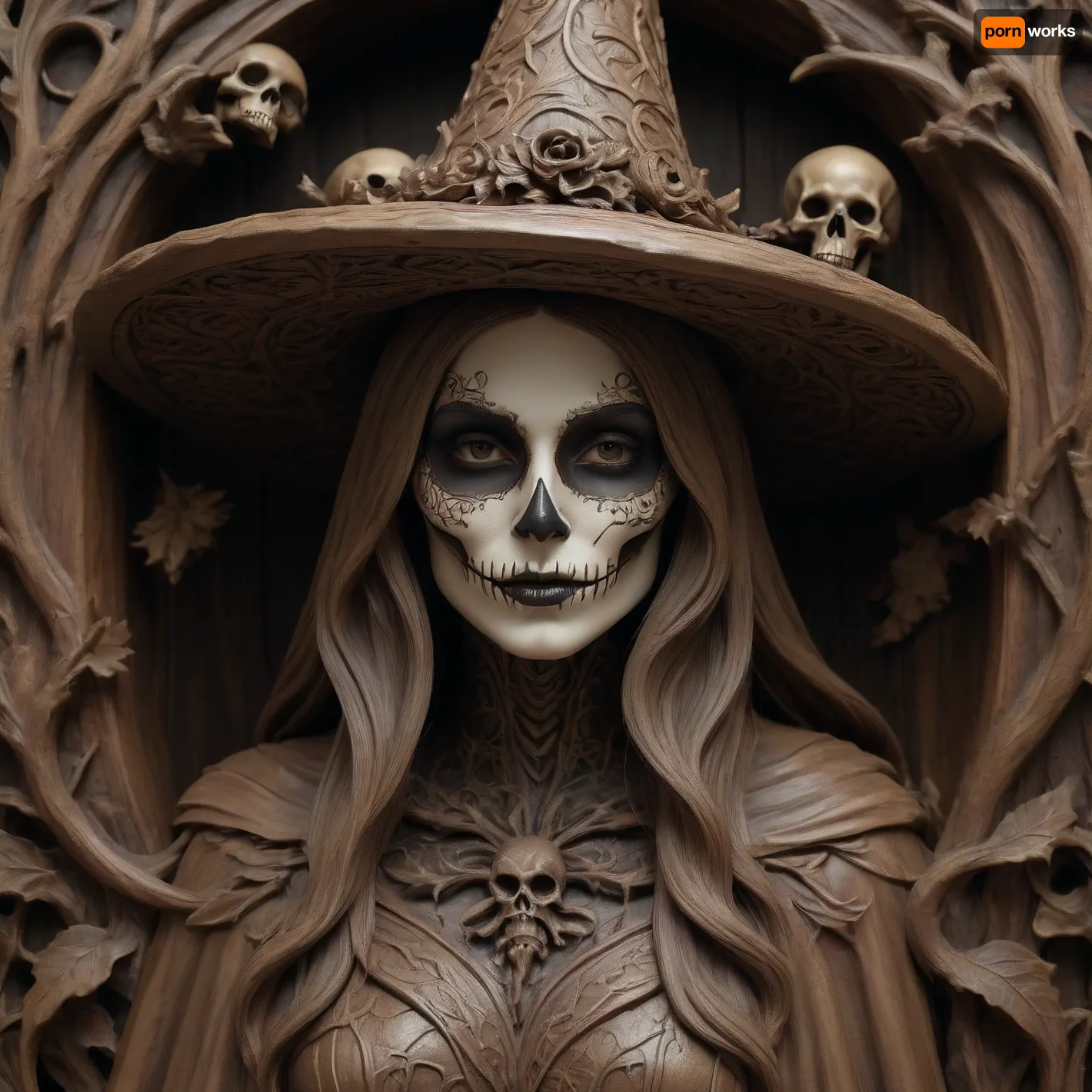 A detailed, sepia-toned wood carving in the Gothic style depicts a witch with long, wavy hair, a pointed, leaf-decorated hat, and a tattered cape. Her face is painted with a grotesque skeleton mask. Surrounding her are skulls, bats, and twisting, thorny vines, creating a macabre, eerie atmosphere. The background is densely filled with intricate, organic patterns, creating a dark, mystical atmosphere. #©KITTYART

























#©KITTYART