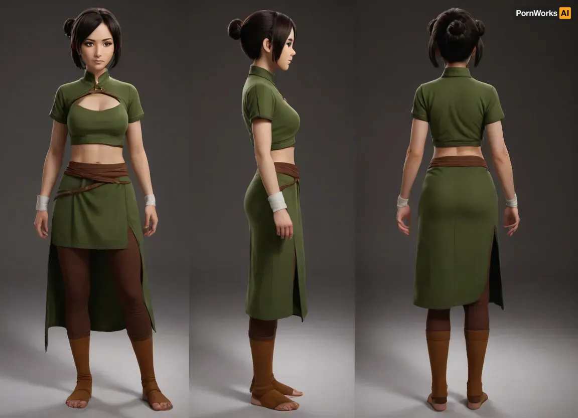 (masterpiece, best quality:1.2), full body, lyco, (atla_tophbeifong-10:1), cowboy shot, solo, 1girl, Super thick and busty hourglass figure, toph beifong, blind, expressionless, short hair, hair bun, hairband, grey eyes, (little_girl), Sexy and revealing chinese clothes, chara-sheet, masterpiece, best quality, (Front and back view), 360 degree view, (simple backgound), <lora:atla_tophbeifong-10:.5>, <lora:TOPH-V2:.5>, <lora:character-sheet-03:.7>