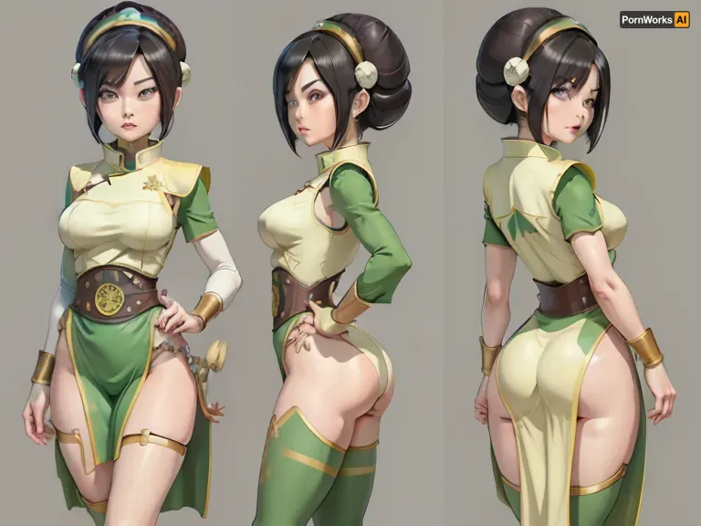 (masterpiece, best quality:1.2), full body, lyco, (atla_tophbeifong-10:1), cowboy shot, solo, 1girl, Super thick and busty hourglass figure, toph beifong, blind, expressionless, short hair, hair bun, hairband, grey eyes, (little_girl), Sexy and revealing chinese clothes, chara-sheet, masterpiece, best quality, (Front and back view), 360 degree view, (simple backgound), <lora:atla_tophbeifong-10:.5>, <lora:TOPH-V2:.5>, <lora:character-sheet-03:.7>