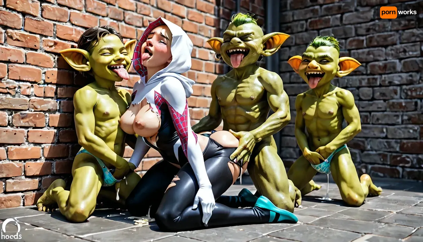 gang gremlin monster, (spider-gwen, super_hero_suit torn clothes, (areolae), , , (ahegao), , , (cum_on_tongue), , , (fingering_through_panties), , , (kneeling), , , wall:1.13), all of gremlin men are half size, houndreds of gremlin fuck woman, hyper huge gremlin flaccid cock, gremlin fucking her pussy and her ass, ass up, she has closed eyes, blush, full lips, gremlin cock in pussy and ass, gremlin gangbang in a dungeon, doggy style, woman has perfect anatomic body, extremely realistic, extremely real face, beautiful face, (monster green gremlin:1.3), groping body, (gremlin half size:1.3), multiple gremlin, surrounded by half size goblin, moaning expression, goblins lick her, multiple hands on her body, sexy shirt, deep cleavage, she has beautiful face, grab her tits, caresses, full body view