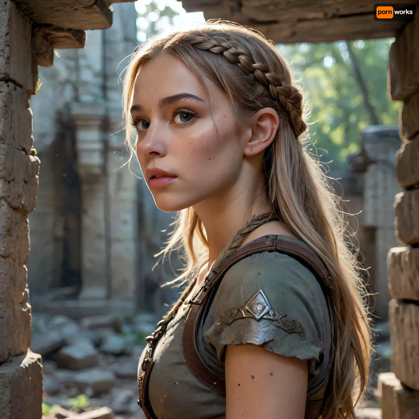 A 22-year-old elven woman with sharp, elegant elven ears and long beige hair tightly braided in a warrior’s style, stands inside a ruined underground chamber beneath a fallen castle, the space is cramped and filled with broken stonework, scattered debris, rusted tools, shattered wooden crates, and remnants of forgotten craftsmanship, she leans against a cold stone wall, her piercing eyes scanning the room with predatory curiosity, one hand gripping a short dagger, the other brushing dust off an ancient artifact half-buried in dirt, the air is thick with silence, lit only by the faint glow of bioluminescent fungi growing in the cracks, every surface tells a story — cracked masonry, faded banners, corroded metal, and cryptic symbols carved into the walls, cinematic lighting highlights her focused expression and tense posture, hyper-detailed textures, photorealistic style, 8K quality, fantasy concept art, trending on ArtStation, dark exploration mood with a sense of hidden danger, 4ng3l, face, <lora:SDXL_BetterFaces-LoRA_v1:.8>, side_view_perspective, <lora:side_view_perspective-10:.8>