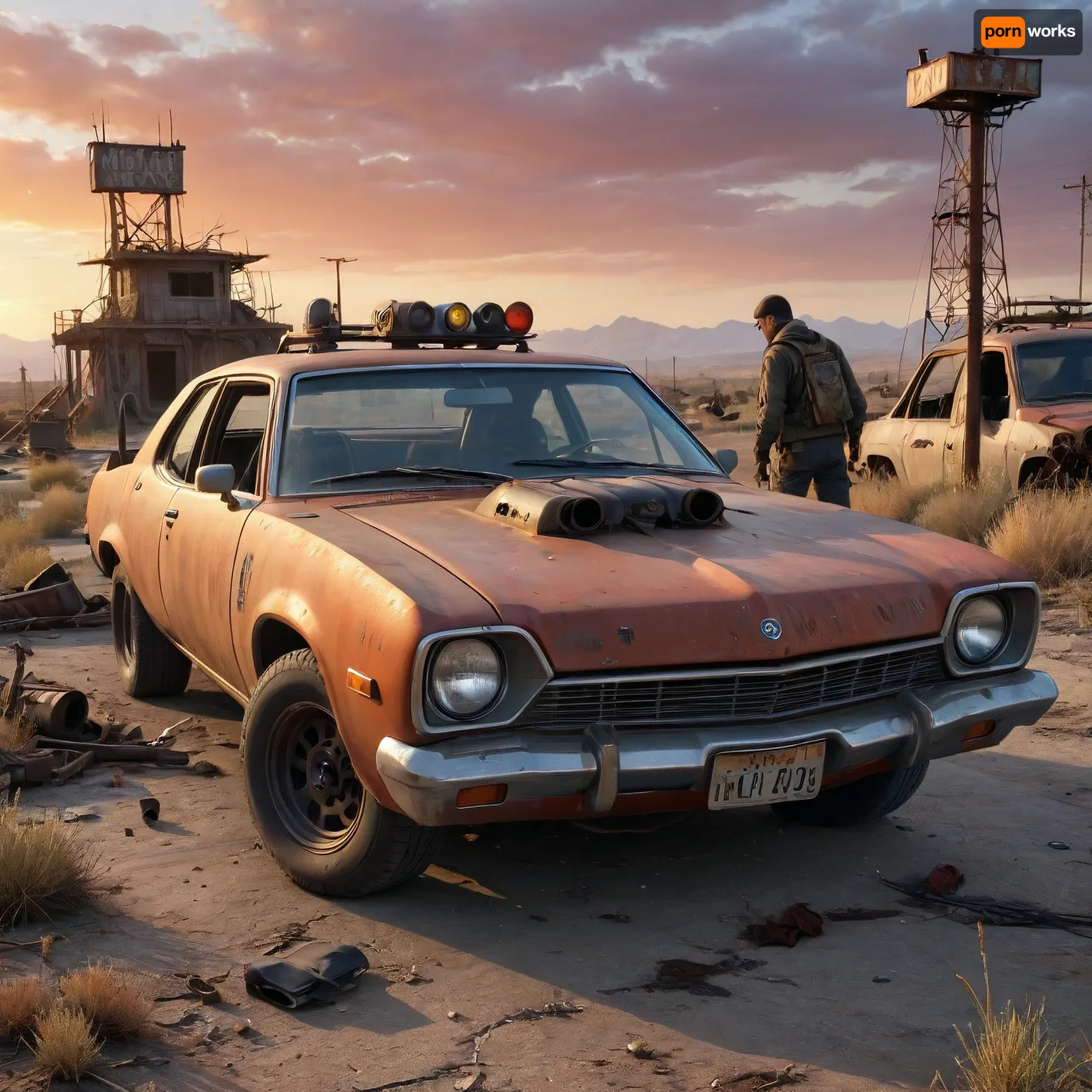 A post-apocalyptic gas station in the middle of a desolate wasteland, overgrown with weeds and covered in rust, broken pumps, shattered glass, bullet holes in walls, remnants of old cars abandoned nearby, a small group of young stalkers in their mid-20s carefully search the area — one crouches near a wrecked car inspecting old tools, another examines a broken fuel tank, while a third scans the horizon with binoculars from atop a ruined vehicle, they wear tactical vests, armored gear, gas masks, and carry modified weapons, several zombie-like figures in torn clothes stumble slowly in the distant background — decaying, slow-moving, but dangerous, dramatic lighting from a red-orange sunset casting long shadows, gritty atmosphere filled with dust, tension, and survival instinct, hyper-detailed textures on metal, rust, skin, and fabric, cinematic style, high detail, photorealistic rendering, 8K quality, trending on ArtStation, dark survival mood, wasteland exploration vibe, 4ng3l, face, <lora:add-detail-xl:.9>, <lora:SDXL_BetterFaces-LoRA_v1:.8>