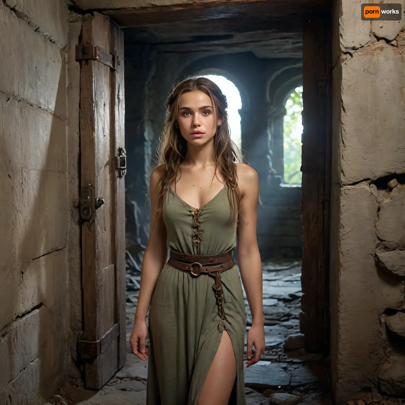 *A 22-year-old dryad with delicate elven-like ears and long braided earth-toned hair, exploring a narrow, claustrophobic dungeon corridor deep beneath a ruined castle, the tight stone tunnel is carved from ancient rock, with rough-hewn walls, damp cold floor, low ceiling, and complete isolation from any outside light, she holds a dim bioluminescent torch casting eerie greenish glow that flickers across the stone, revealing textures of aged walls, rusted chains, and crumbling carvings, at the very end of the passage, partially hidden in darkness, stands a single old wooden door — plain, unmarked, forgotten, oppressive atmosphere filled with shadows and dust, cinematic lighting focused on her determined expression and the distant door, hyper-detailed textures, photorealistic style, 8K quality, fantasy concept art, trending on ArtStation, grimdark dungeon exploration mood*, 4ng3l, face, <lora:SDXL_BetterFaces-LoRA_v1:.8>